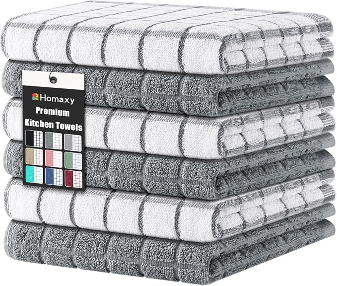 Homaxy Premium Cotton Kitchen Dish Cloths 12"x 12", Natural Ring Spun 390 GSM Dish Rags, Super Absorbent Terry Dish Towels, Soft Dishcloths with Hanging Loop, Grey Check Design, 6 Pack