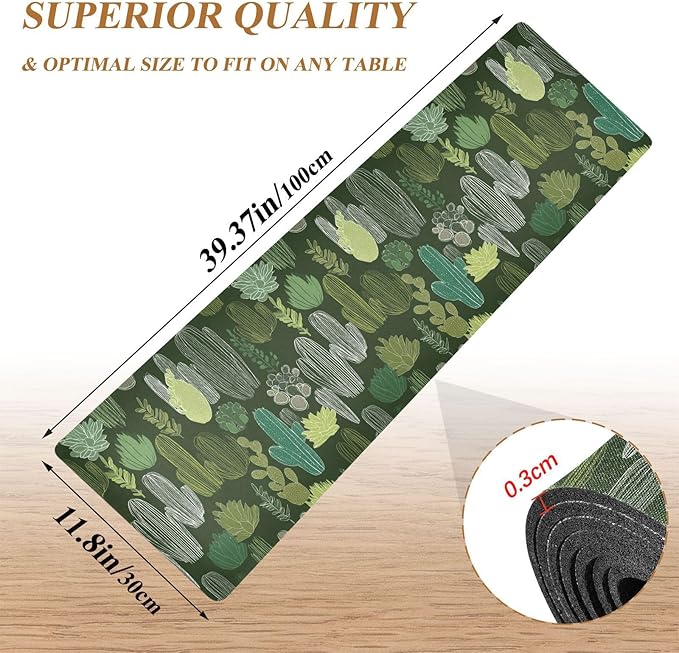 2 in 1 Table Runner Trivet for Hot Pots and Pans Heat Resistant Non Slip Waterproof 39 x 12 Inch Decorative Table Protector for Kitchen Countertop Green Simple Cacti