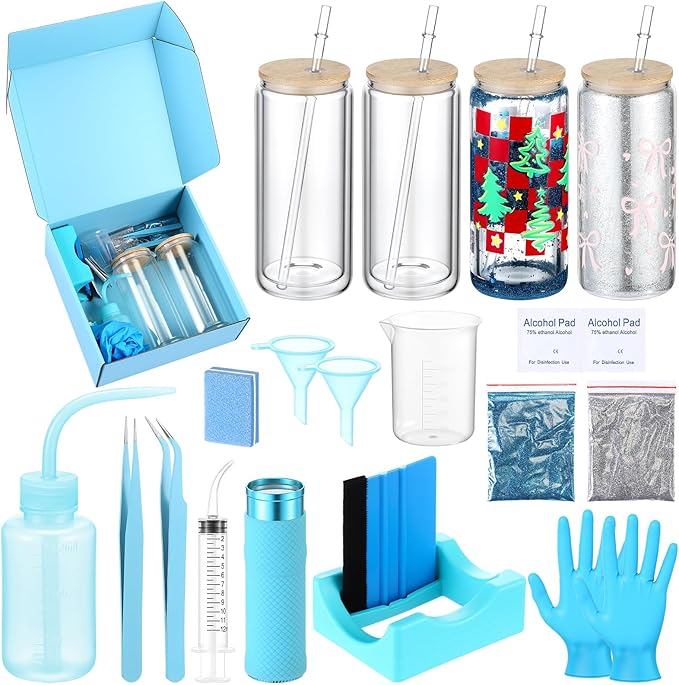 Baderke 20 Pcs Snow Globe Tumbler DIY Kit 16 oz Tumbler Squeeze Bottle, Glitter, Funnel Tweezer Silicone Cup Cradle Measuring Cup Glove Flashlight Buffer for Beginner(Blue,Classic)