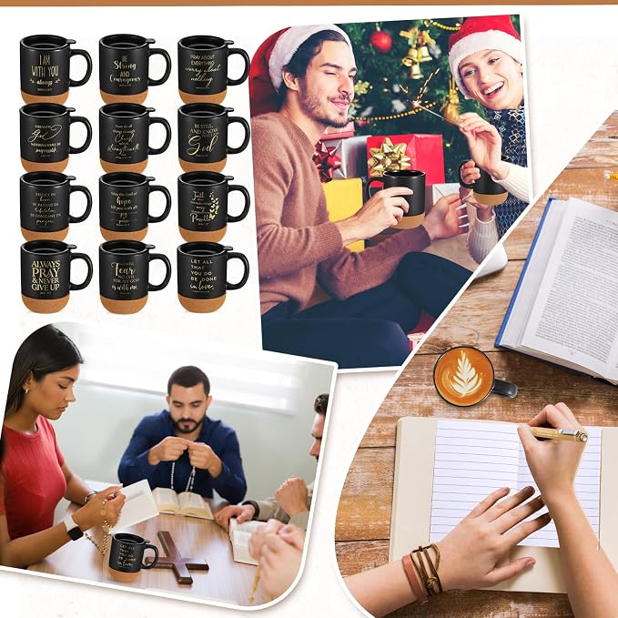FillTouch 12 Pcs Christian Mug Gifts Bulk 15oz Religious Cup Cork Bottom Coffee Mug with Verse Inspirational Gift for Women Men Pastor Church Group Bible Study Member(Black,Classics)