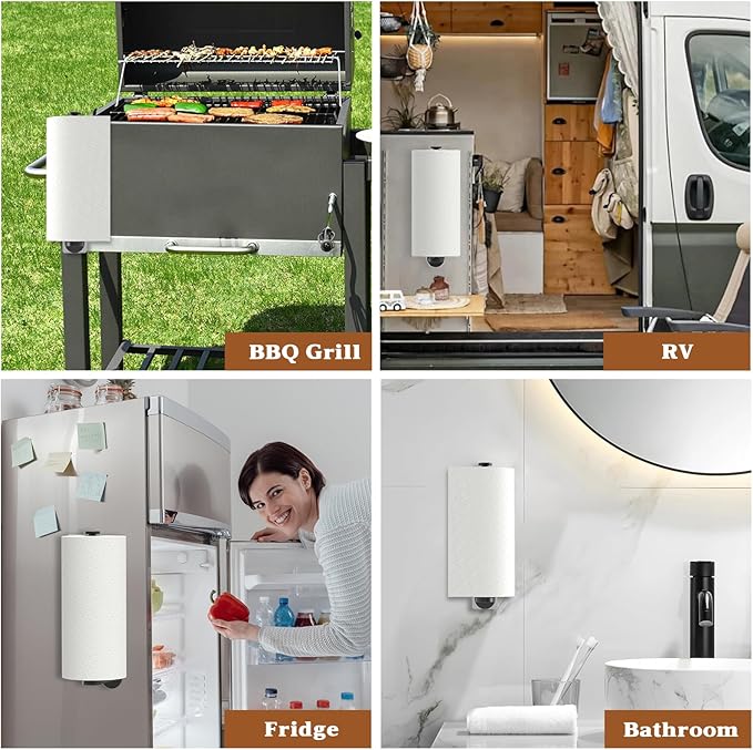 Swaitee Magnetic Paper Towel Holder for Fridge, Under Cabinet Paper Towel Holder Wall Mount, Self Adhesive No Drill, One Hand Tear Ratchet, Fits Jumbo Rolls, Black for Kitchen RV Garage
