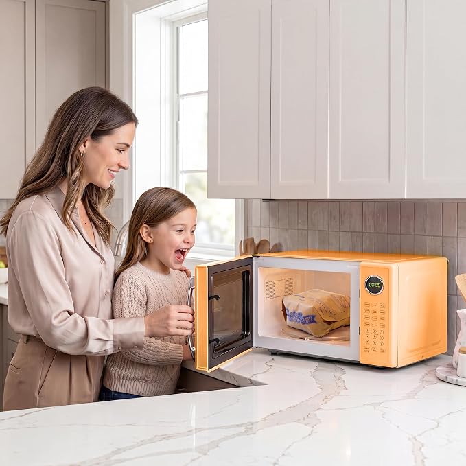 Nostalgia Modern Retro Compact Countertop Microwave Oven - 1.1 Cu. Ft. - 1000-Watts with LED Digital Display - Child Lock - Easy Clean Interior - Orange
