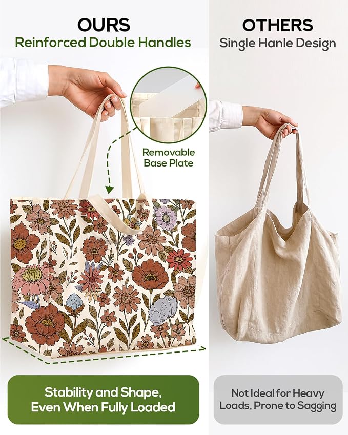 Miss Adola Large Canvas Grocery Tote Bag - Reusable Extra Large Shopping Shoulder Bags with 6 Inner Pockets & 2 Handle Strap