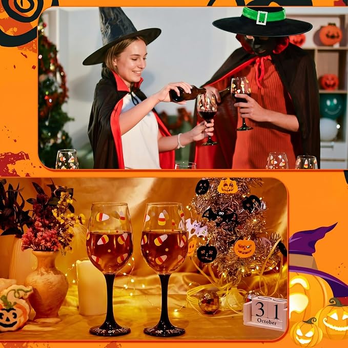 SiliFine 2 Pcs Halloween Candy Corn Theme Party Stemmed Wine Glasses Hand Painted Drinking Cup Wine Glasses Gifts for Halloween Birthday Theme Holiday Party Supplies