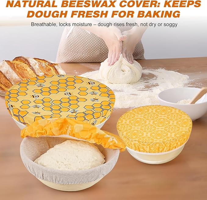 6 Pcs Beeswax Bowl Covers Reusable, Large Reusable Bowl Covers for Bread Proofing,Stretchable to Fit 8/10/12 Inch Bowls (2 Each),3 Patterns, Beeswax Wraps for Bread,Leftovers,Fruits,Salad