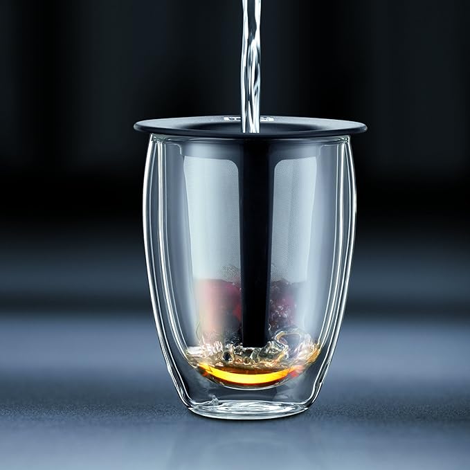 Bodum 12oz Tea Strainer w/Lid, Double Wall, High-Heat Borosilicate Glass, Set of 2, Black