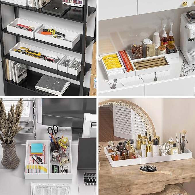 Lixple Utensil Organizer Silverware Drawer Organizer - Set of 2, Stackable Kitchen Organization, Bamboo Storage Box Tray for Kitchen Gadgets Bathroom Countertop (White)