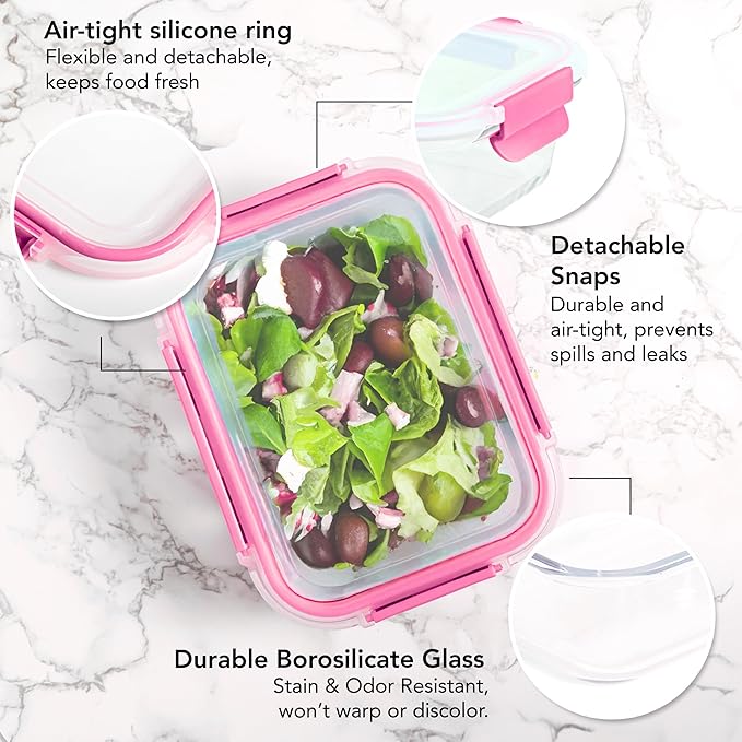 ECOBERI 4.5 Cup Glass Meal Prep Containers with Lids & Silicone Sleeves, 3-Pack Airtight, Leak-Resistant Food Storage Containers for Fridge, Freezer, Oven & Microwave