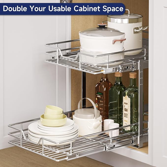 2-Tier Pull Out Cabinet Organizer, 14.5" W x 21.5" D, Heavy Duty Dual Slide Out Shelves for Base Cabinets, Chrome Wire Basket Drawer for Pantry, Kitchen & Bathroom Storage