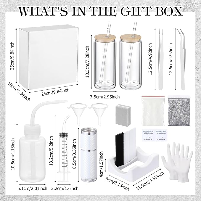 Baderke 20 Pcs Snow Globe Tumbler DIY Kit 16 oz Tumbler Squeeze Bottle, Glitter, Funnel Tweezer Silicone Cup Cradle Measuring Cup Glove Flashlight Buffer for Beginner(White,Classic)