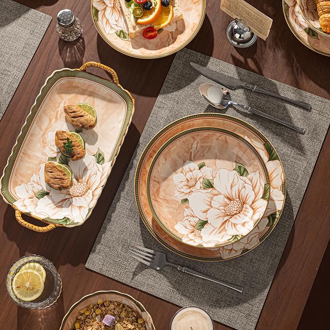 24 Pcs Service for 8 Ceramic Dinnerware Set, Elegant Camellia | Thanksgiving Dinner, Vintage Table Deco, Stackable Porcelain Plates and bowls, Microwave & Dishwasher Safe