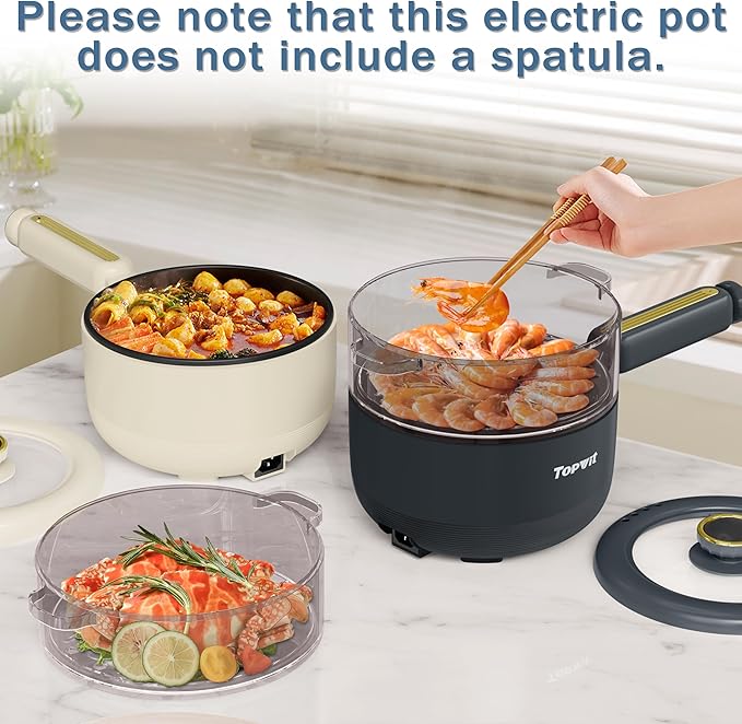 TOPWIT Hot Pot Electric with Steamer, 2L Multifunctional Electric Cooker, Non-Stick Sauté Pan, Portable Pot for Steak, Fried Rice, Ramen, Soup with Dual Power Control (Spatula Not Included), Grey