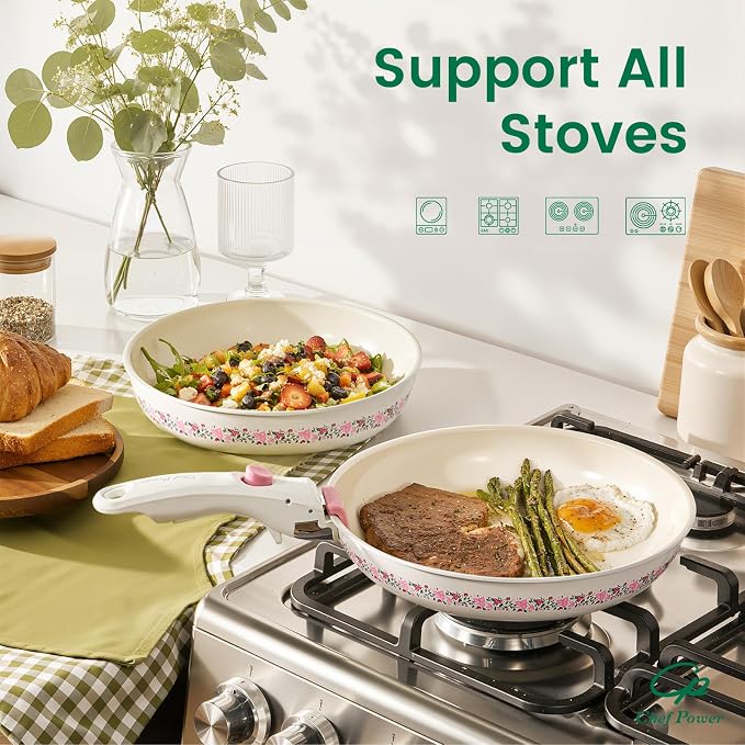Chef Power Ceramic Cookware Set Non Toxic with Detachable Handles, Healthy Nonstick Decal Pans and Pots Set 14 Pcs, Induction Dishwasher Oven Safe Kitchen Set, White with Bougainvillea