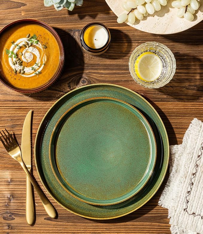 GBHOME Stoneware Dinnerware Sets for 4, 12 Pieces Lightweight Ceramic Ribbed Plates and Bowls Set, Reactive Glaze Stackable Plate Sets,Scratch Resistant Dishes,Microwave & Dishwasher Safe,Maroon Olive