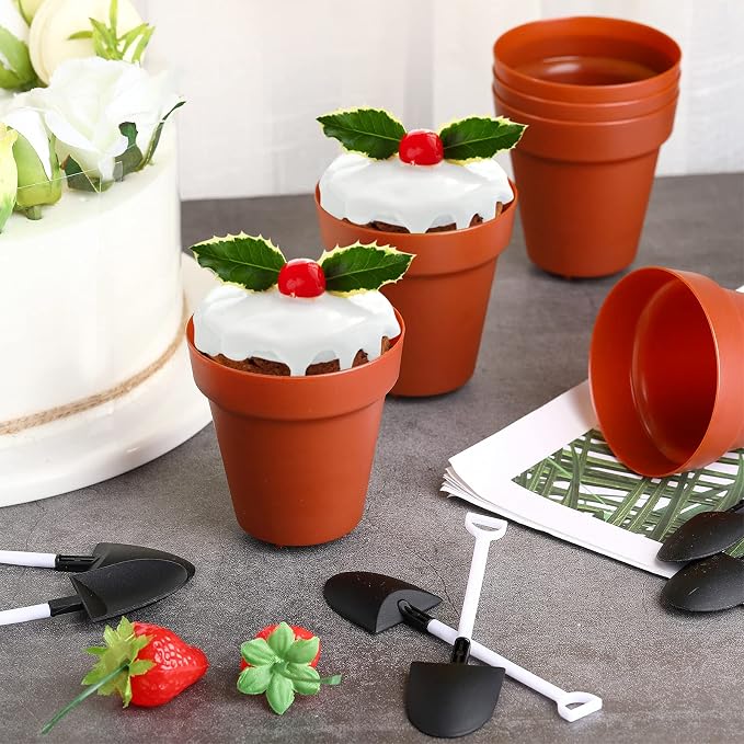 Patelai 50 Pack Flower Pot Dessert Cups with Shovel Spoons Plastic Cake Desserts Cups for Farmers Market Construction Birthday Party Baking Supplies, Ice Cream, Cupcakes, Yogurt, Pudding
