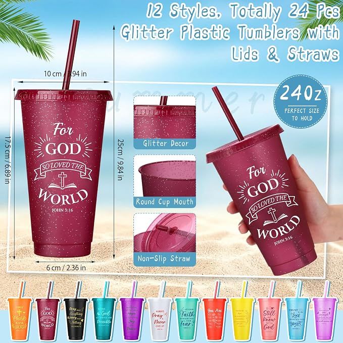 Feifeiya 72 Pcs/ 24 Set Bible Verse Gifts Bulk 24 oz Christian Plastic Tumbler with Lids and Straws Inspirational Prayer Notepads Religious Pen Church Cups Gift for Christian Party Favors