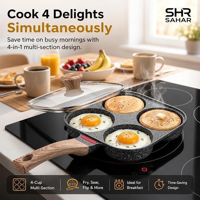 4-Cup Nonstick Egg Pan with Lid, Aluminum Multi-Section Frying Pan, Egg Cooker & Mini Pancake Maker for Breakfast, Pancakes & Omelets, Compatible with Gas & Induction Cooktops