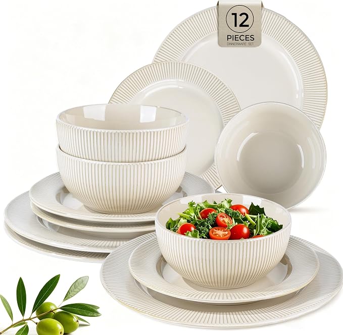 GBHOME Ceramic Dinnerware Sets,12 pcs Embossed Elegant Stoneware Plates and Bowls Sets, Housewarming Wedding Gift | Dishwasher & Microwave Safe | Dishes Set Service for 4