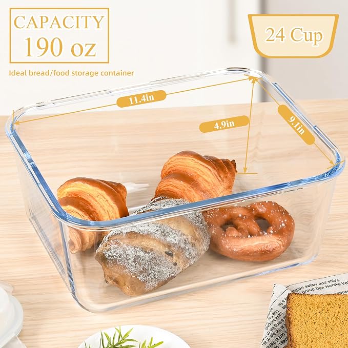 LOVYANXUE 190oz / 24Cup Extra Large Glass Storage Containers with Lids, Glass Bread Box Airtight Bread Container, Ideal Food Storage Containers, Roasting Turkey/Chicken/Cookie, Oven&Dishwasher Safe