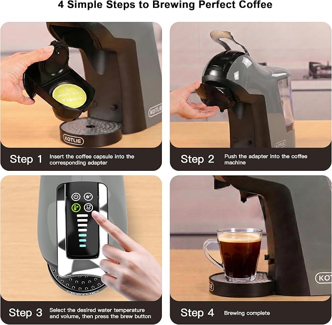 KOTLIE EM-308B Espresso Machine, Single Serve Coffee Maker Compatible with Multiple Capsule Types, Ground Coffee, and ESE Pods. 3 Temperatures, 7 Water Volume Levels, and a 1L Water Tank（Gray）