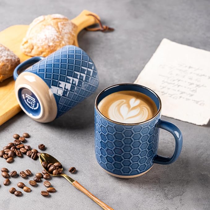 GBhome Large Coffee Mugs Set of 6, 16oz Handmade Stoneware Coffee Mugs Set with Large Handle for Cappuccino/Latte/Tea/Hot Cocoa, Dishwasher & Microwave Safe, Moonlight Blue