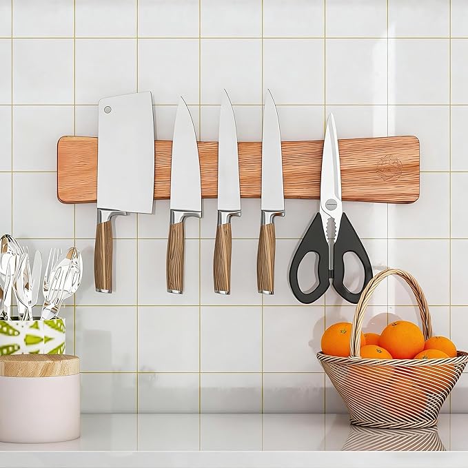 Magnetic Knife Strip, 16 Inch Oak Magnetic Knife Holder for Wall with N52 Super Strong Magnets, Premium Wooden Knife Magnetic Strip Organizer for Kitchen Knives, Tools,No Drilling