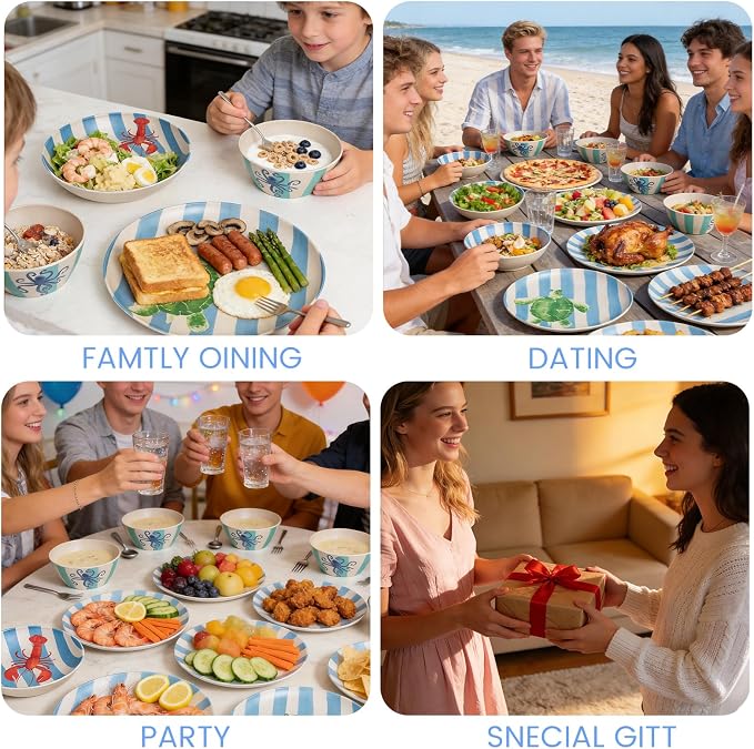 Unbreakable Dinnerware Set for 4 Natul with Blue Stripe Lobster Crab 12 Piece Melamine Wheat Straw BPA Free Lightweight Dishwasher Safe Shatter Resistant for Camping Outdoor RV Party