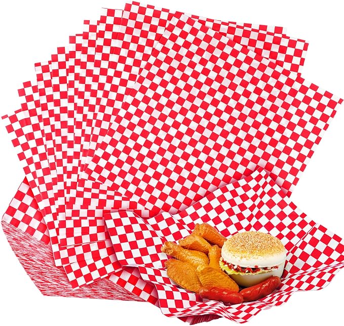 Spakon 1000 Sheets Wax Deli Paper Sheets for Food 12 x 12 Inch Checkered Dry Waxed Deli Basket Liners for Sandwich Wrapping, Food Basket Liners, Picnic party(Red-white)