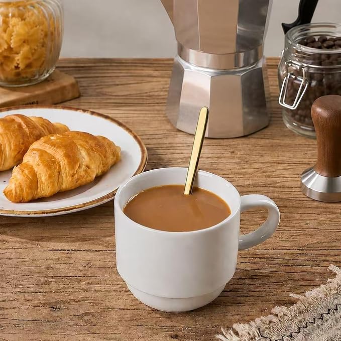 YHOSSEUN Porcelain Coffee Mug Set of 4, Stackable Coffee Mugs with Metal Stand & Spoons, 11 Oz Espresso Coffee Cups Mug Set for Americano, Chocolate Drinks, Milk, Tea, White