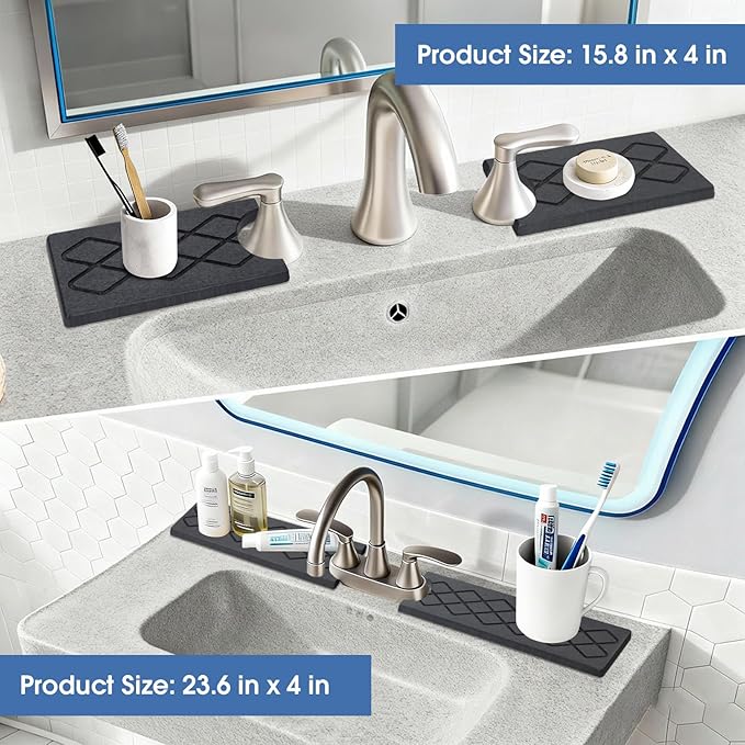 Faucet Mat for Kitchen Sink, Diatomite Stone Sink Tray, Faucet Splash Guard, Quick Dry Water Absorbing Non-Slip Stone Tray, Fits Most Faucets, Pet Bowl Mat, Vase Holder, Cleaning Supplies, Matte black