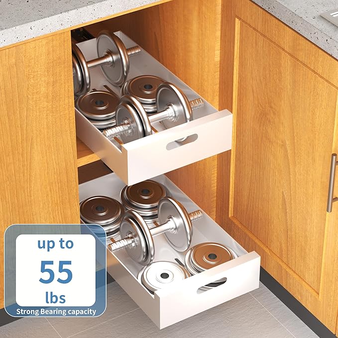 HBL' 2 Pack | 21" Deep Pull Out Cabinet Organizer Adhesive, 12-Inch Wide Sturdy Carbon Steel Roll-Out Drawers, Designed for Frameless Cabinets, Slide-Out Shelves for Pantry.