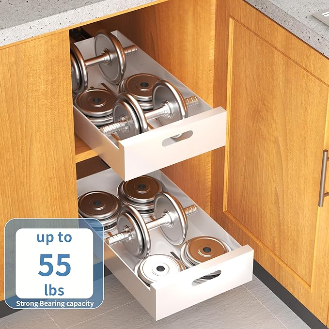 HBL' 2 Pack | 21" Deep Pull Out Cabinet Organizer Adhesive, 10-Inch Wide Sturdy Carbon Steel Roll-Out Drawers, Designed for Frameless Cabinets, Slide-Out Shelves for Pantry.