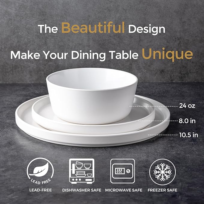 AmorArc Ceramic Dinnerware Sets for 6, Modern Flat Stoneware Plates and Bowls Sets,Chip and Crack Resistant | Dishwasher & Microwave Safe Dishes Set,Scratch Resistant- Service for 6 (18pc)-Matte White