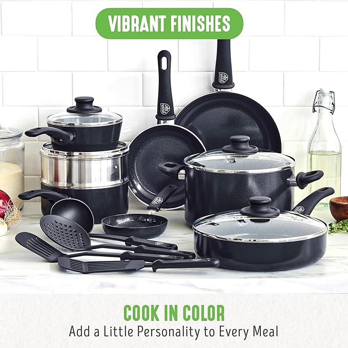 GreenLife 16 Piece Nonstick Cookware Set, Soft Grip Non-Toxic PFAS-Free Ceramic Pots & Pans, Dishwasher & Oven Safe, Frying, Sauce, Saute, Utensils, Glass Lids, Stay-Cool Handles, Wobble Free, Black