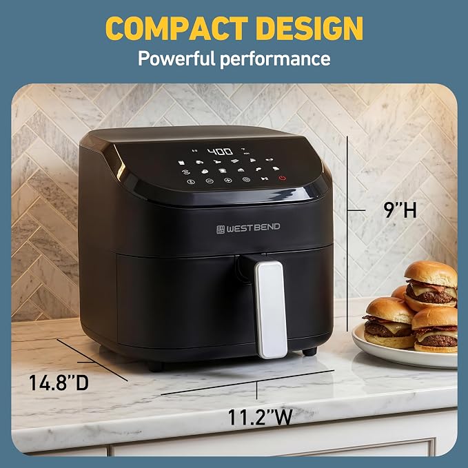 West Bend Digital Air Fryer 4.5 Qt Compact with 12 Presets, Adjustable Temperature for Quick Crispy Meals, Nonstick Easy Clean Basket and Shake Reminder, 1500W, in Black/Silver