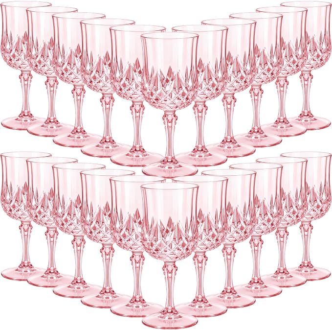 Sliner 96 Pcs 7oz Plastic Vintage Wine Glasses Drinking Goblets Unbreakable Crystal Water Glassware Reusable Diamond Champagne Flutes Cups for Wedding Banquet Birthday Party Supplies (Pink)