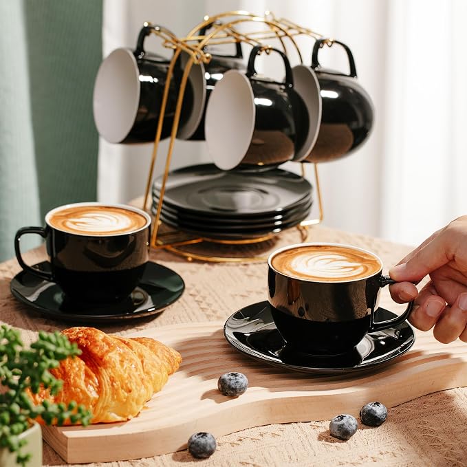 BTaT- Cappuccino Cups with Saucers 8 oz, Set of 12, Black Porcelain Coffee Cup and Saucer Set for Latte, Mocha, Tea, Au Lait, Flat White, Dishwasher, Microwave, Freezer and Oven Safe