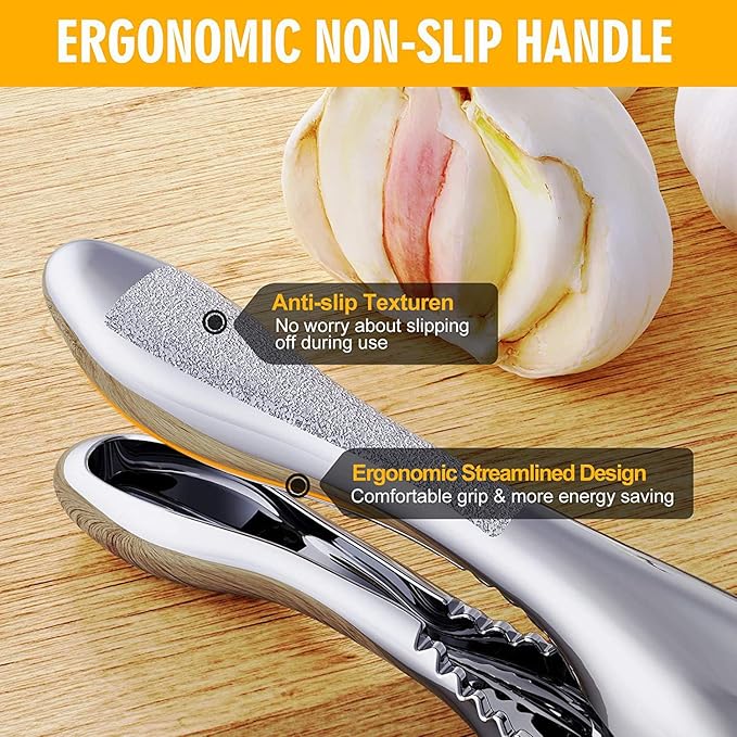Gold Garlic Press and Slicer 3 In 1 Food Grade Stainless Steel Garlic Mincer Chopper Crusher Garlic Press Kitchen Tool with Garlic Peeler Skin Remover and Clean Brush