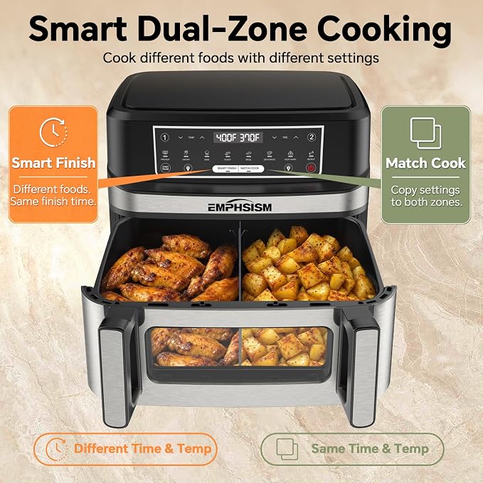 Emphsism 12QT Large Dual Zone Air Fryer with Divider, Match Cook & Smart Finish, Air Fry/Roast/Bake/Toast/Dehydrate/Reheat/Keep Warm/Preheat, Nonstick Dishwasher-Safe Basket, Digital Touchscreen