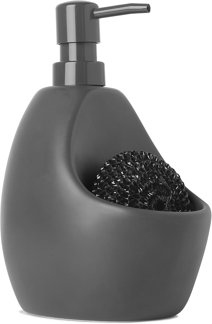 Umbra Joey, Matte Ceramic Liquid Soap Dispenser with Sponge Caddy, Ideal for Kitchen or Bathroom Use, Charcoal