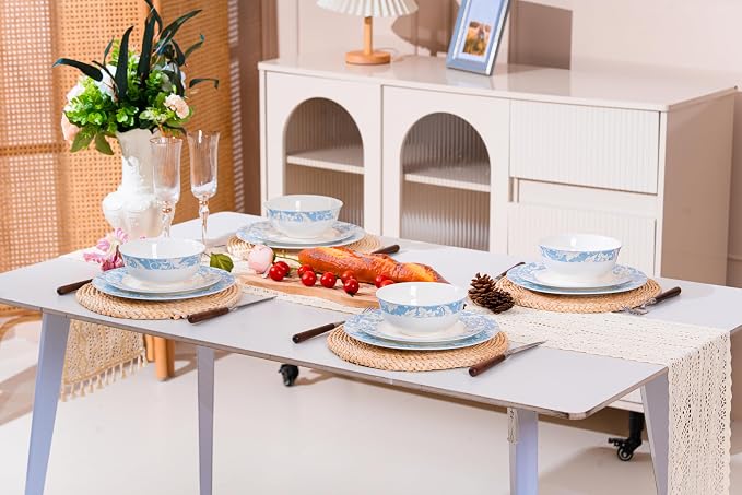 FHGNYSM Light Blue Porcelain Dinnerware Set,12-Piece Plates and Bowels set | Vitage Floral Scroll Pattern, Service for 4, Elegant Classic Kitchen Dish Set for Wedding, Party & Everyday Use