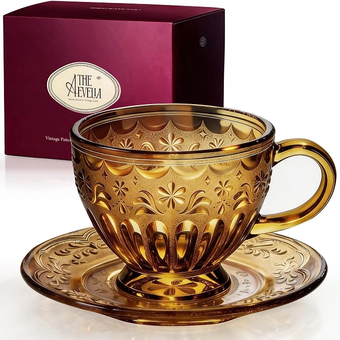 Handcrafted Vintage Glass Coffee Cup and Saucer Set, 12 oz Large Tea Cup with Round Saucer for Coffee, Latte, Tea, Gift for Women, Microwave & Dishwasher Safe, Golden Amber