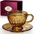 Handcrafted Vintage Glass Coffee Cup and Saucer Set, 12 oz Large Tea Cup with Round Saucer for Coffee, Latte, Tea, Gift for Women, Microwave & Dishwasher Safe, Golden Amber