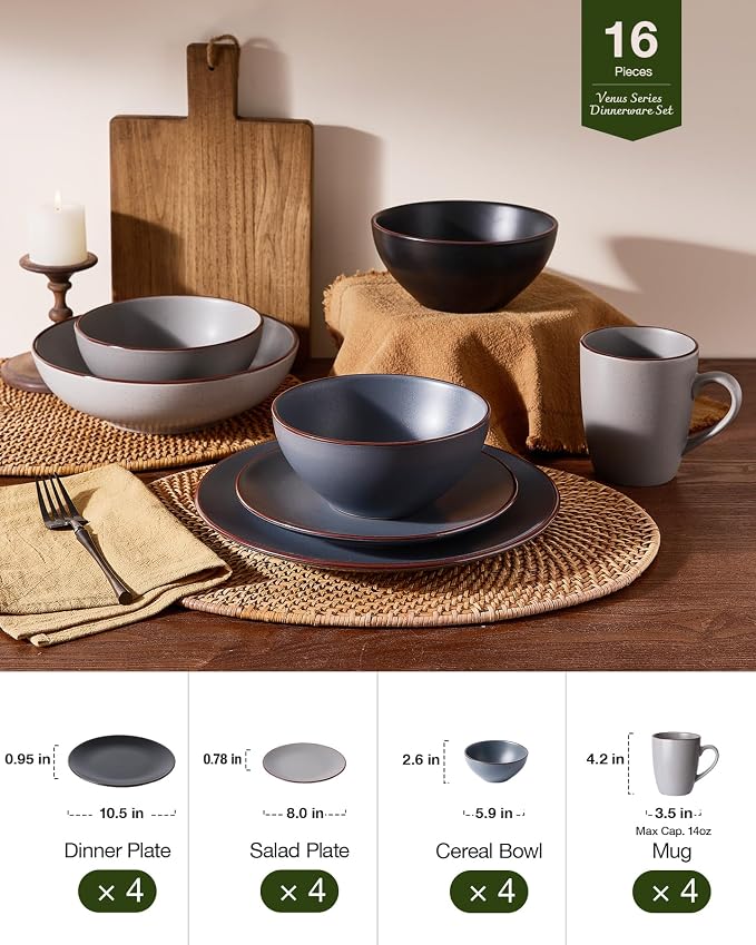 Famiware Venus 16-Piece Stoneware Dinnerware Sets with Mugs, Plates, Bowls, Service for 4, Matte Multicolor - Chip‑Resistant Dish Set for Everyday & Formal & Party Use, Microwave & Dishwasher Safe