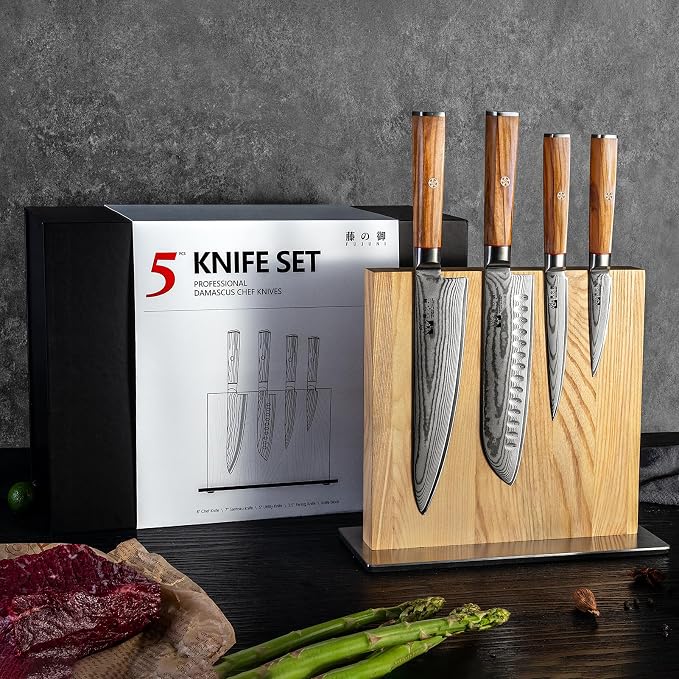 Damascus Knife Set with Block, Chef Knife Set Professional 67-Layer Damascus VG10 Steel, Olive Wood Handle with Gift Box