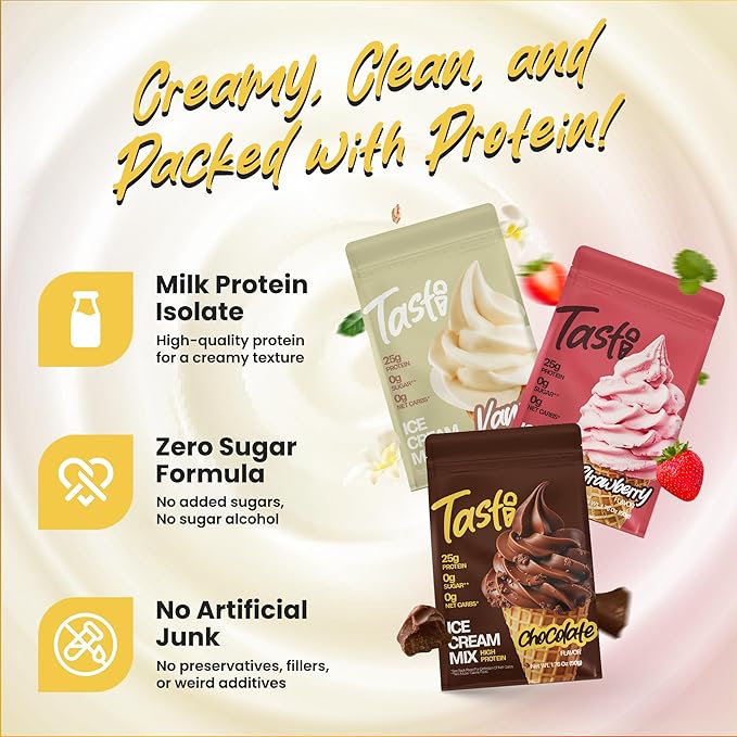 TASTI High-Protein Ice Cream Mix - Chocolate, Vanilla, & Strawberry Sugar Free Ice Cream Powder - Made for Ninja Creami, Soft Serve Mix with <150 Calories (6-Pack, 2 of Each Flavor)