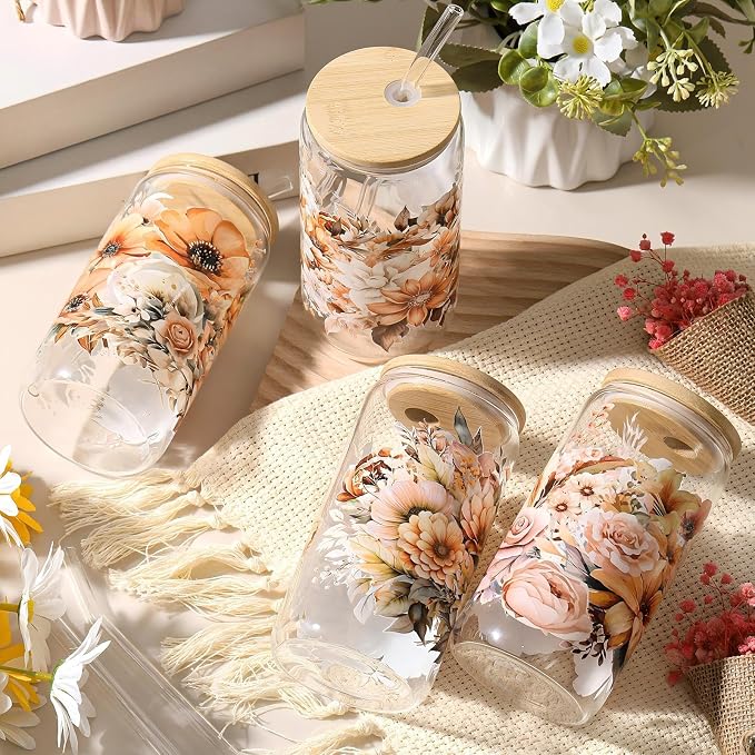 Mumufy 4 Pack Wildflower Glass Cups Gift Aesthetic Cute Glass Cup Tumbler Flower Iced Coffee Mugs 16 oz with Bamboo Lid & Straw, for Wedding Birthday Bridesmaid Mom Baby Shower