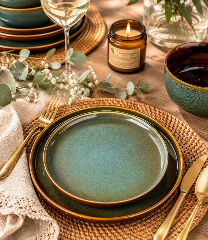 GBHOME Dinnerware Sets for 4, 12 Pieces Stoneware Plates and Bowls Sets, Scratch Resistant Dishes, Dishwasher & Microwave Safe, Rustic Reactive Glaze-Brown Green
