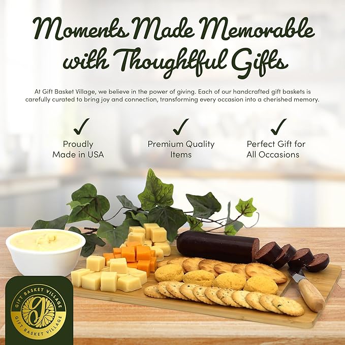 Gift Basket Village Charcuterie Board Gift Set – Bamboo Cutting Board, Three-Pepper Crackers, Italian Sausage, Wisconsin Cheese, Cheese Spread, and Knife – Wedding or Housewarming Gift