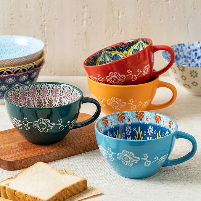 Boho Ceramic Coffee Mug Bohemian Style 15 oz/ 450ml Large Cups - Porcelain Cups for Latte, Tea, Cappuccino, Cocoa, Soup, Dishwasher Microwave Safe, Gift Set Bohemian Style (Green)